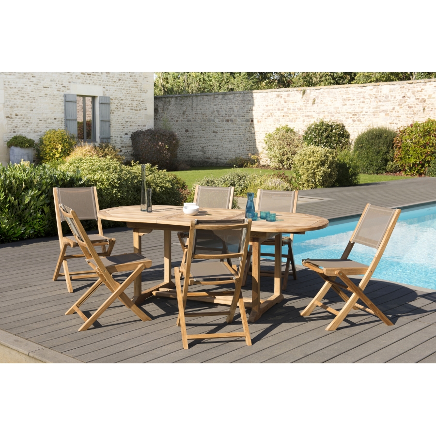 Salon de jardin n°146 comprenant 1 table ovale extensible 150/200*90 et 3  lots de 2 chaises pliantes textilène taupe - DPI Import